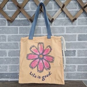 Life is Good Womens Peach Cotton Canvas Floral Tote Bag Drawstring OS
